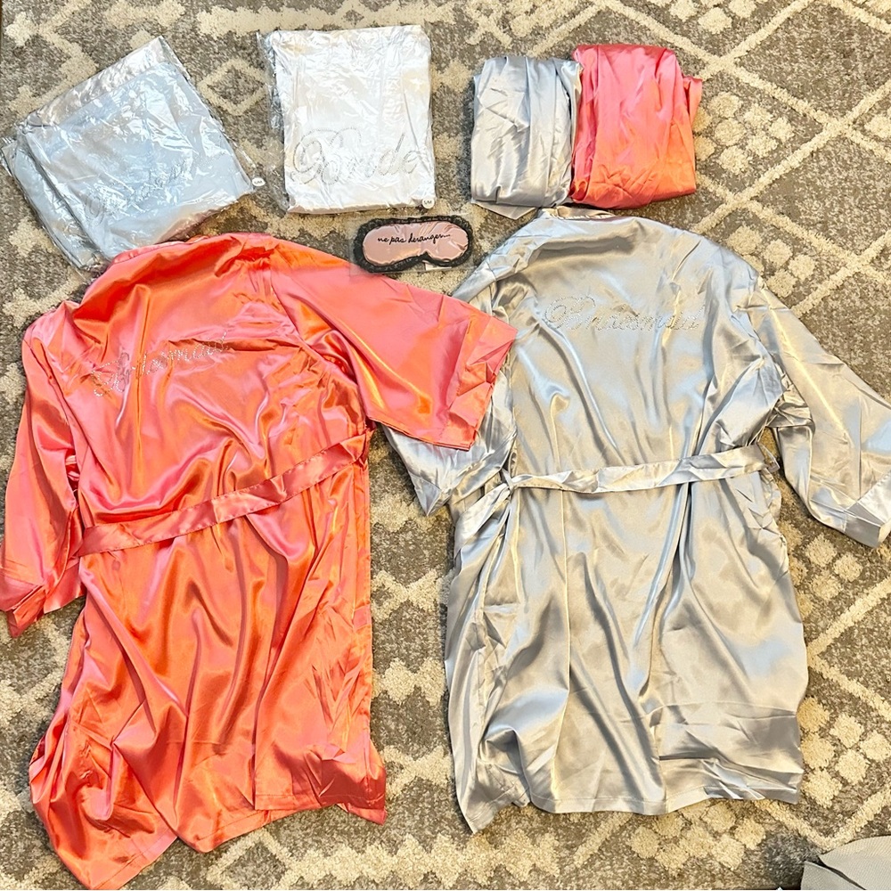 Elegant Satin Bride Robe Set - Coral and Silver